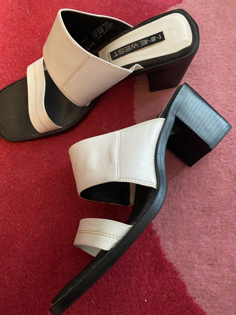Nine West White and Black Block Heel Slide Mules
